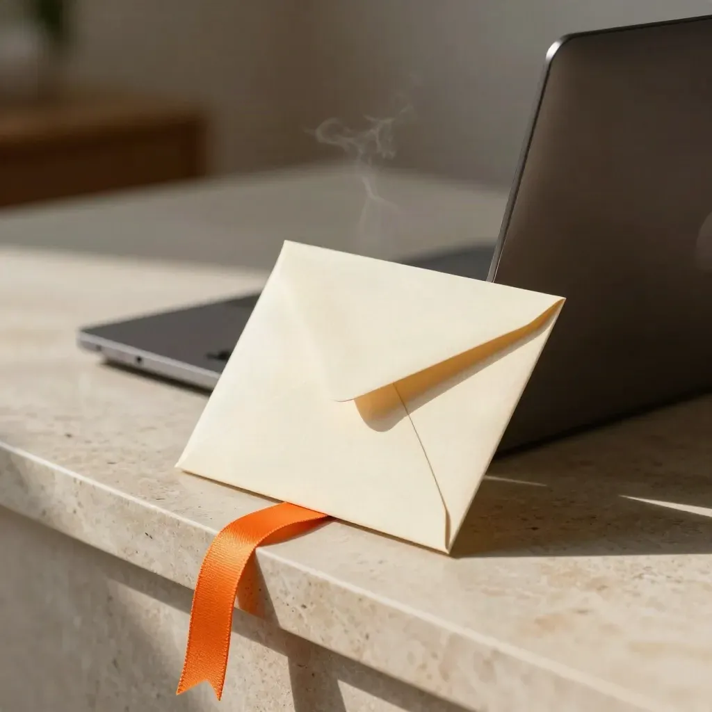 Balík e-mailových kampaní s kartami, zavřeným notebookem a rozvázanou stuhou na kamenném soklu.