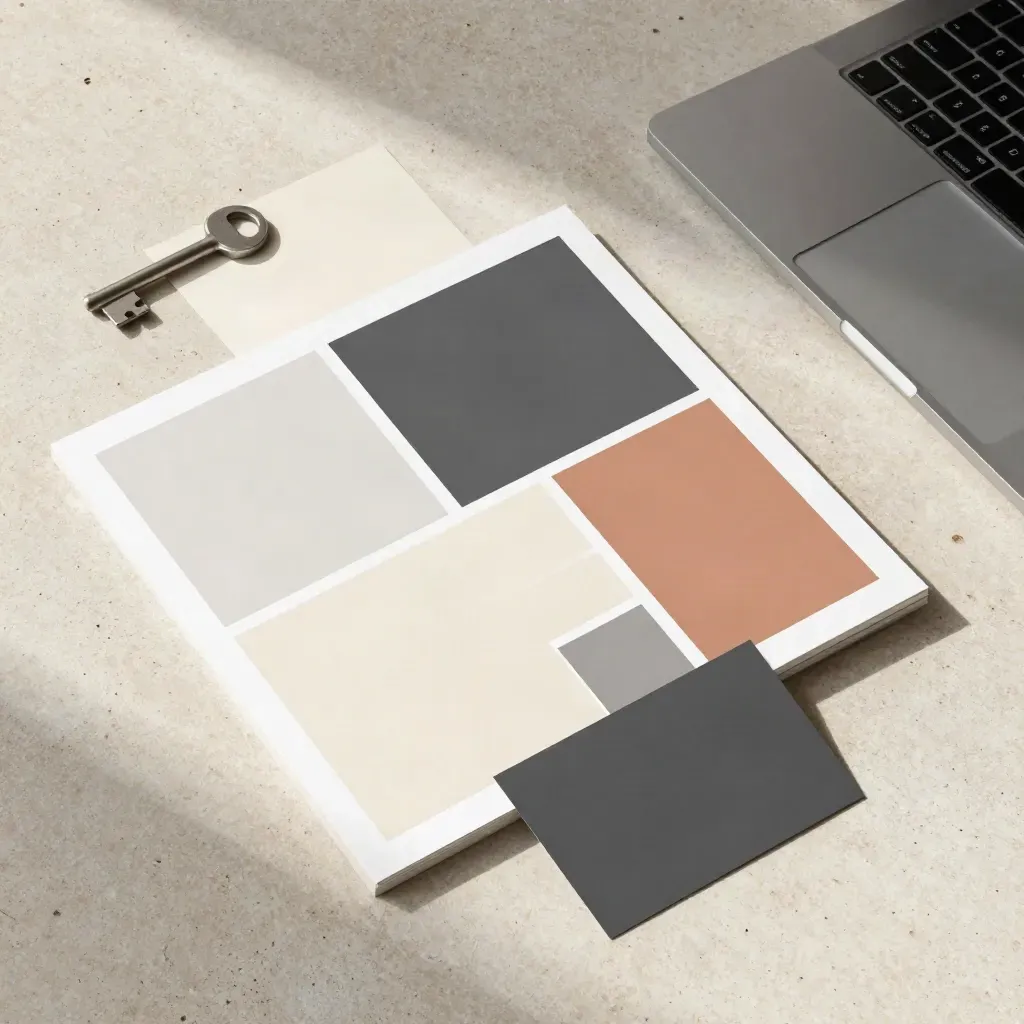 Shora focený flatlay redesignu webu s notebookem, mockupy a vzorky na kamenné desce.